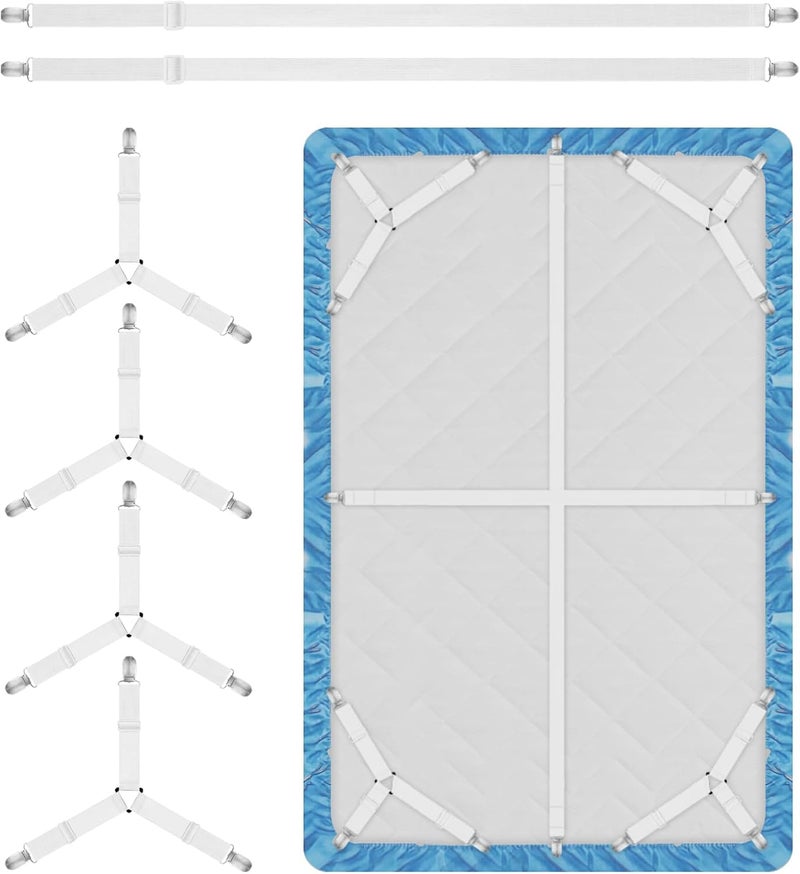 Eiruseed Bed Sheet Holder Straps, 4+2 Pcs Adjustable Mattress Sheet Clips, Bed Sheet Fasteners Elastic Sheet Suspenders to Keep Bed Sheet in Place for Different Beds (White) - Image 1